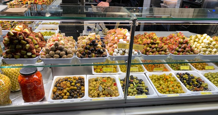 Olives on display at the Mercado de San Miguel in Madrid.