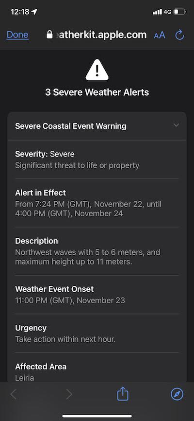 A screen shot of our weather app calling for high waves at Nazaré.