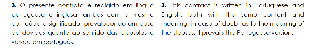 A section of our lease explaining that it is written in Portuguese and English.