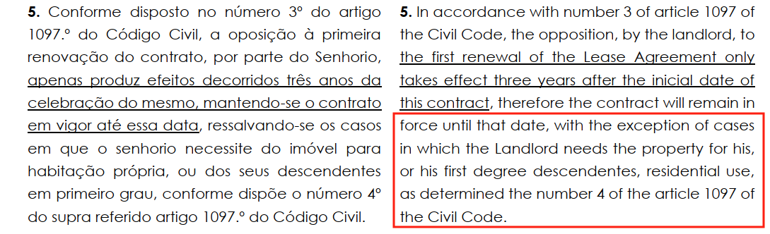 A section of the lease showing the clause allowing the landlord to terminate the lease for personal use.