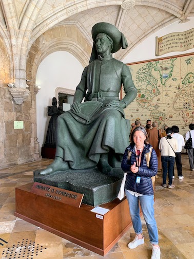 The statue of Prince Henry the Navigator in the entry hall of the Maritime Museum in Lisbon. Standing beside the statue is Ines, our guide.