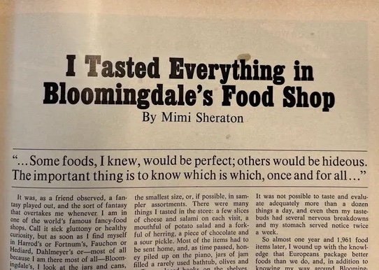 The title page from the New York Magazine article "I Tasted Everything in Bloomingdale's Food Shop" by Mimi Sheraton