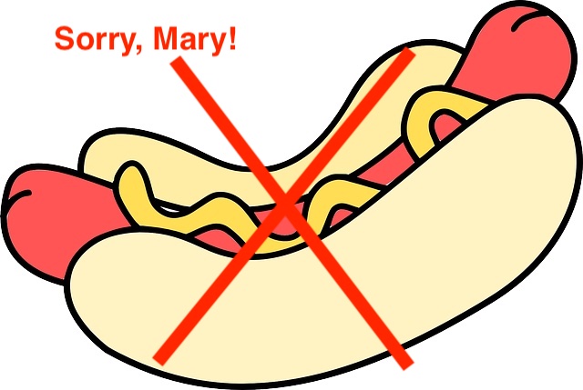 A cartoon image of a hot dog with a big red 'X' on it and the word "Sorry, Mary!" above it.