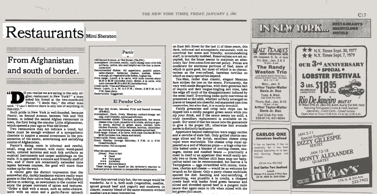 A page from The New York Times, January 2, 1981, with Mimi Sheraton's "Restaurants" column.