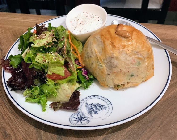 Uzi - filo pastry stuffed with basmati rice, peas, carrots, beef, and almonds - at Tayybeh in Lisbon.