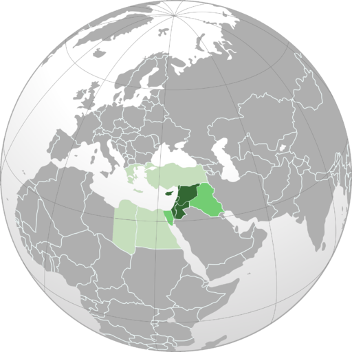 A map of the world showing the Levant region at the eastern edge of the Mediterranean Sea.