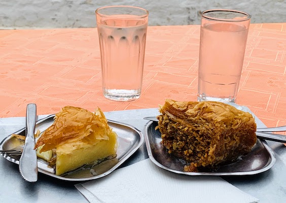 9835 - Pastries at Floras Two pastries from Flora's Gelateria on Hydra - galaktoboureko and baklava.
