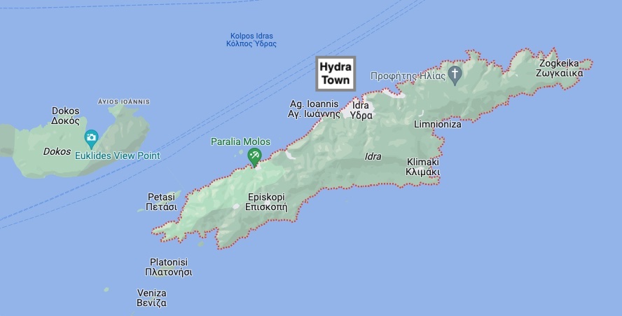 Hydra and Dokos 2 A map showing the Greek islands of Hydra and Dokos.