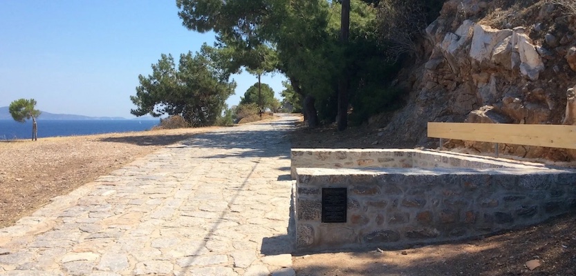 A bench honoring the singer / songwriter Leonard Cohen on Hydra, Greece.