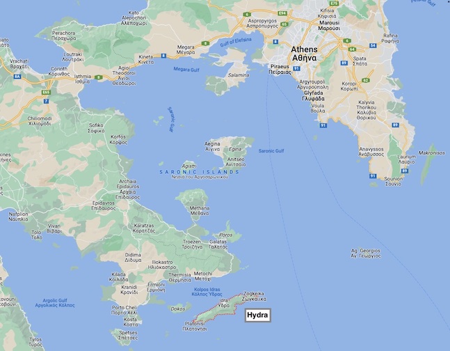 Map showing Hydra A map showing the island of Hydra, Greece in relation to Athens.