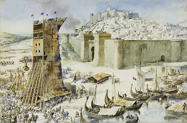 A photograph of the painting "Siege of Lisbon" by Roque Gameiro, watercolor, from 1917.