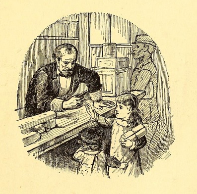 An illustration from Mark Twain's "Life on the MIssissippi" - a young girl asking for a lagniappe from a shop keeper.