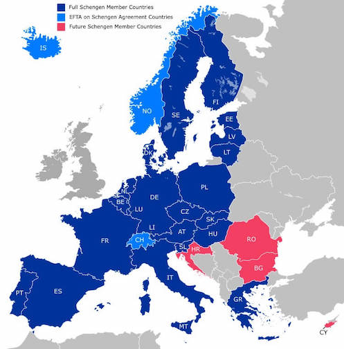 A map of the Schengen Area in Europe