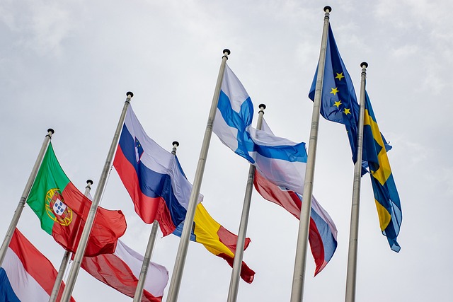 Several flags of European countries.