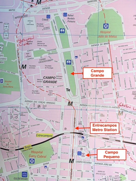 A section of a map of Lisbon that shows Campo Grande, the Entrecampos Metro Station, and Campo Pequeno.