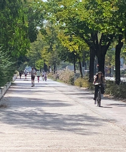 A biker and joggers on a path in the Jardim Mário Soares, Lisbon.