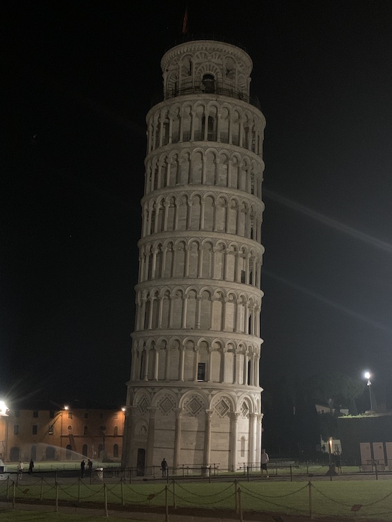 The Leaning Tower of Pisa at night.