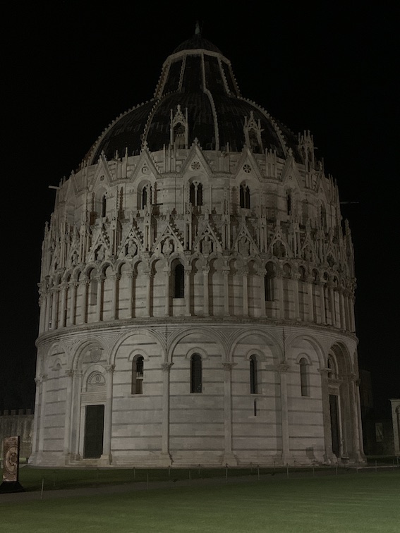 The Pisa Baptistry at night.