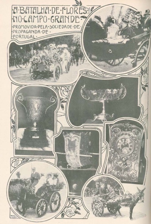 A newspaper from 1907 showing photographs of the Batalha de Flores - the Battle of the Flowers - at Campo Grande.