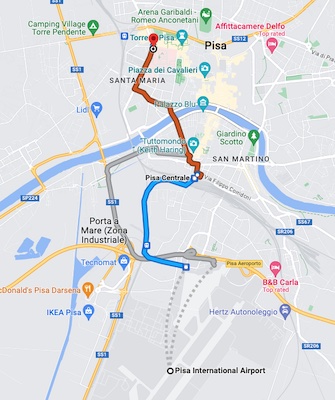 A map showing a route from the Pisa International Airport to the Pisa Centrale station and on to the La Torre Garbata hotel.