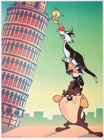 An image of three Warner Brothers cartoon characters - Tweety Bird, Sylvester the Cat, and Taz - holding up the Leaning Tower of Pisa.