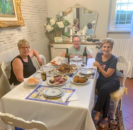 Left to right: Laurie, Mary, and Ann at dinner our first night in Lucca.