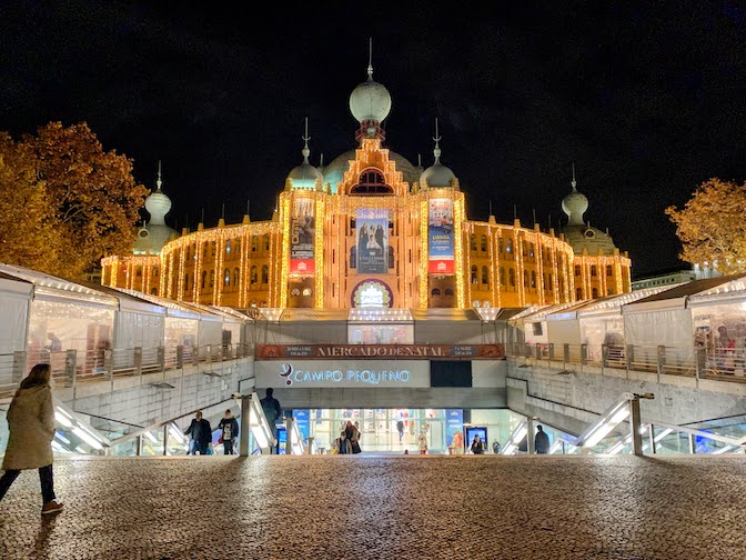 The Campo Pequeno complex in Lisbon, lit up for the holidays, December, 2023.