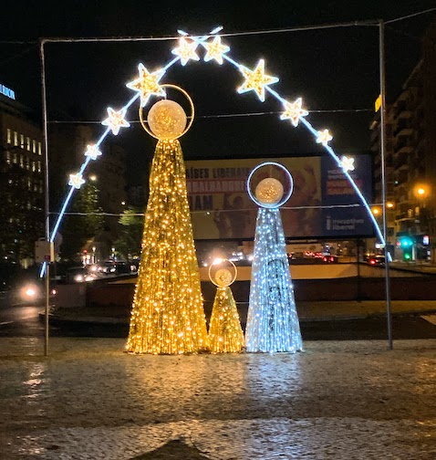 Illuminated figures of angels on Avenida da República, Lisbon, December, 2023.