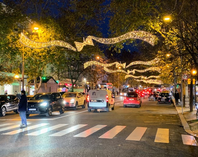 Holiday lights on Avenida da Igreja, Lisbon, December, 2023.