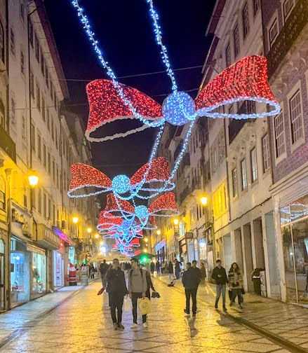 Holiday lights above the Rua Visconde da Luz, Coimbra, Portugal, December, 2023.