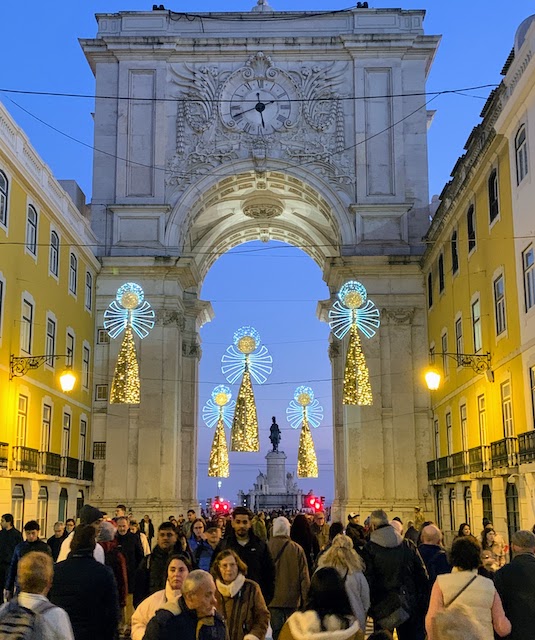 Hanging light sculptures at the Arco do Rua Augusta, Lisbon, December, 2023.