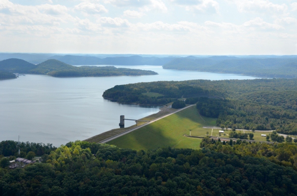 An aerial view of the Cave Run Lake and dam in northeast Kentucky.