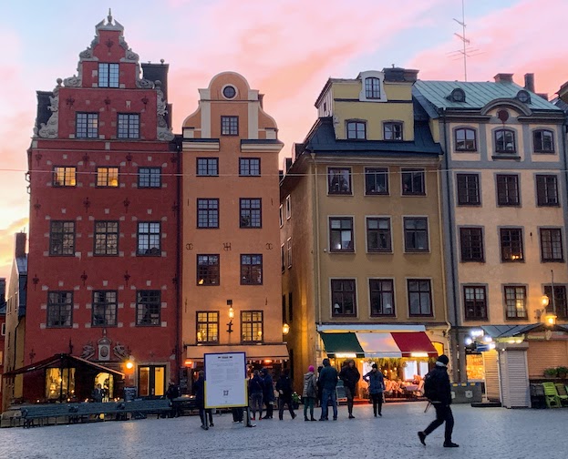 A row of colorful buildings in Gamla Stan, the old quarter of Stockholm.