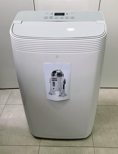 A portable air conditioner that looks like R2-D2 from the Star Wars movies.