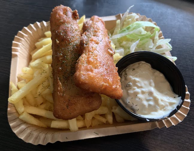 A basket of fish and chips for lunch at Vaxholm, Stockholm, Sweden.