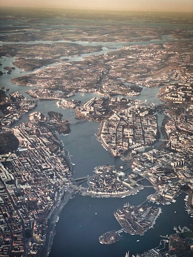 An aerial view of Stockholm, showing many of the islands that make up the city.