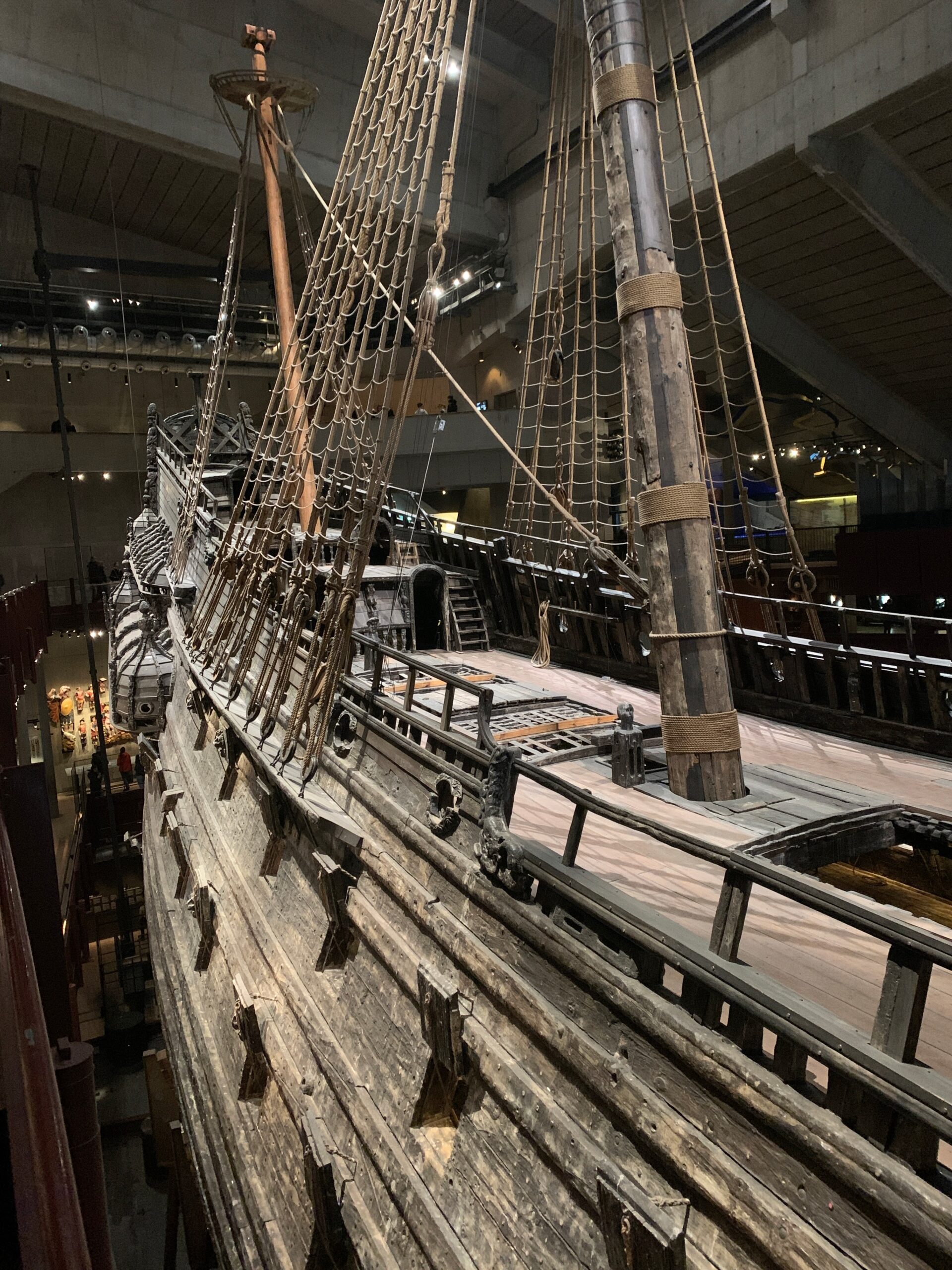 A view of the starboard (right) side of the Vasa showing the main deck. Two rows of gun ports are visible along the side of the ship.