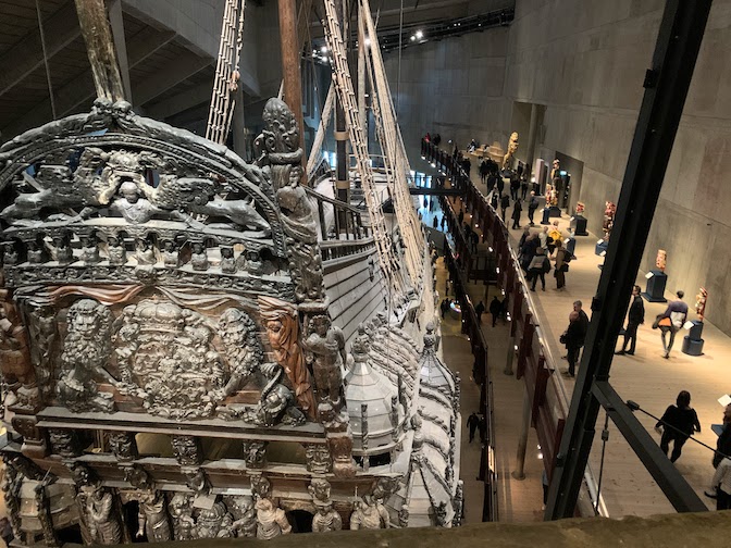 A shot inside the Vasa Museum showing several different levels that give different viewing angles of the ship.