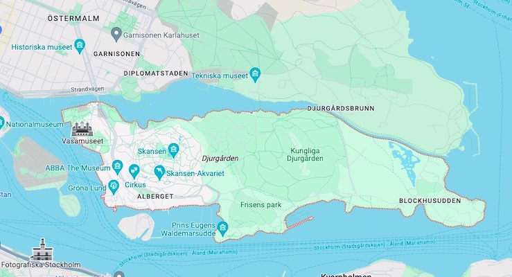 A Google map showing Djurgården in Stockholm.