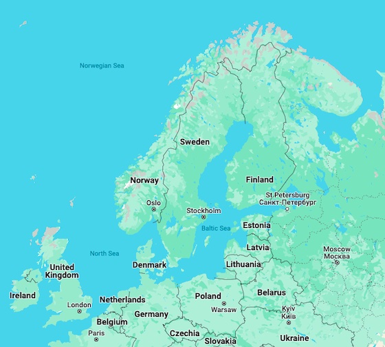 A Google map showing the Scandinavian countries - Denmark, Norway, Sweden, and Finland.