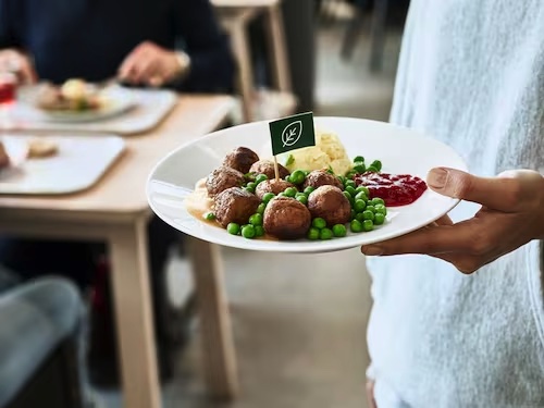 A plate of Swedish meatballs in an IKEA cafeteria.