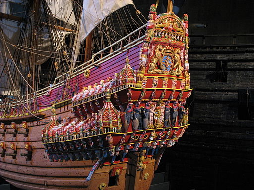 The stern of a 1:10 model of the ship Vasa on display at the Vasa Museum in Stockholm. The photo shows the colors scholars believe were used for the sculptures on the original 17th century ship.