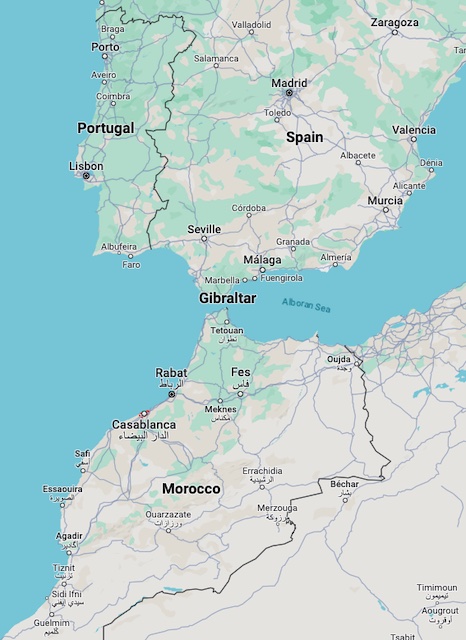 A map showing Portugal, Spain, and Morocco.