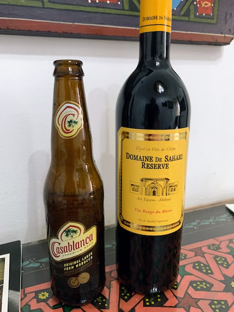 Bottles of Casablanca beer and Domaine de Sahari Reserve wine purchased in Casablanca.