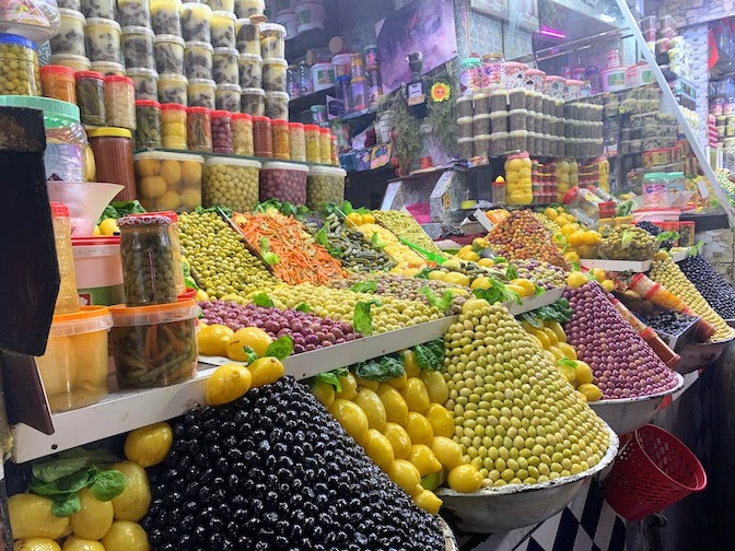 Olives and other fruit for sale in the medina of Meknes.