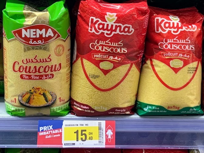 Bags of couscous for sale in a Carrefour supermarket in Casablanca.