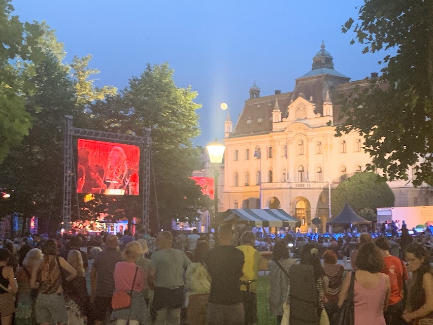 People enjoying the concert at Park Zvezda, under a full moon.