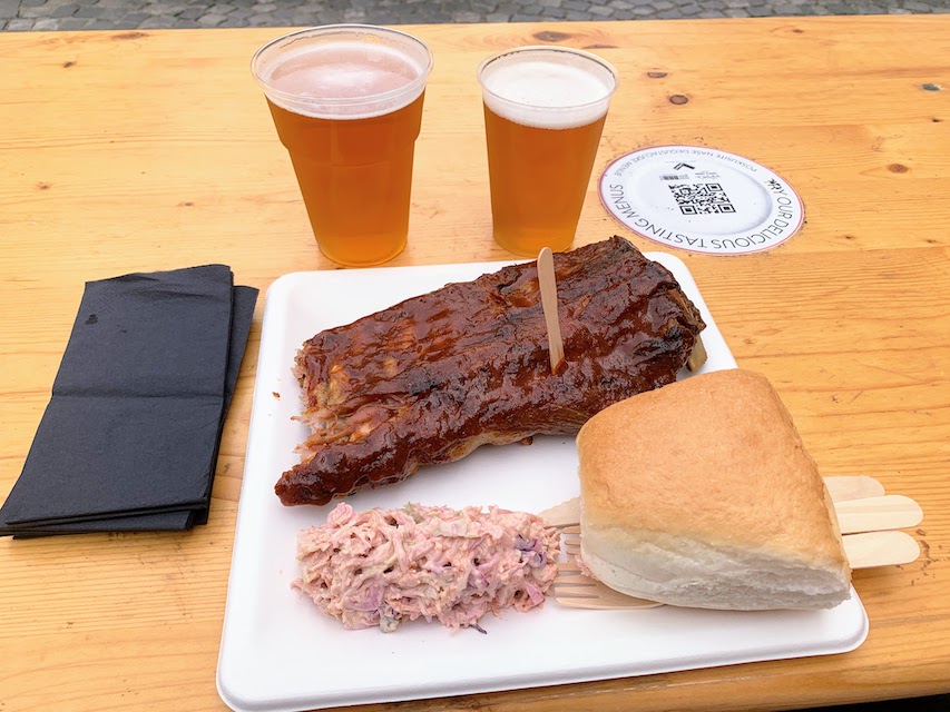 Our lunch of barbeque ribs, slaw, bread and beer at The Open Kitchen.