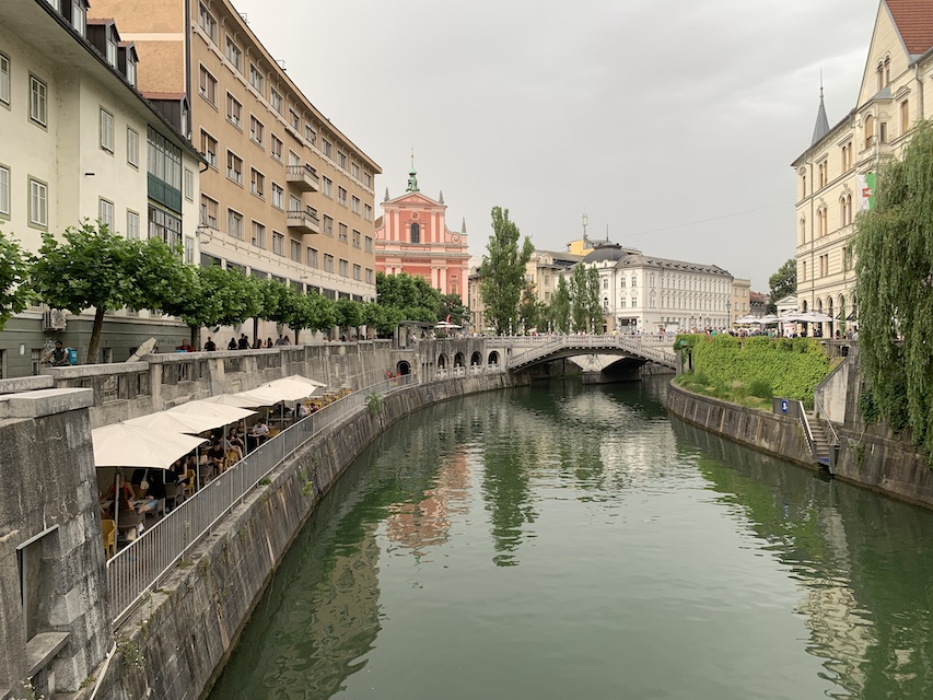 Looking up the Ljubljanica River toward Prešeren Square