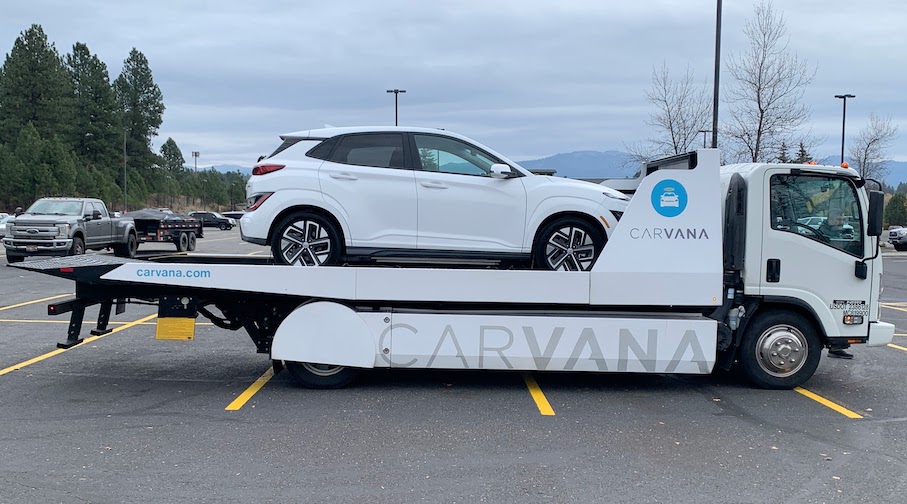 Our car being delivered on a Carvana truck.